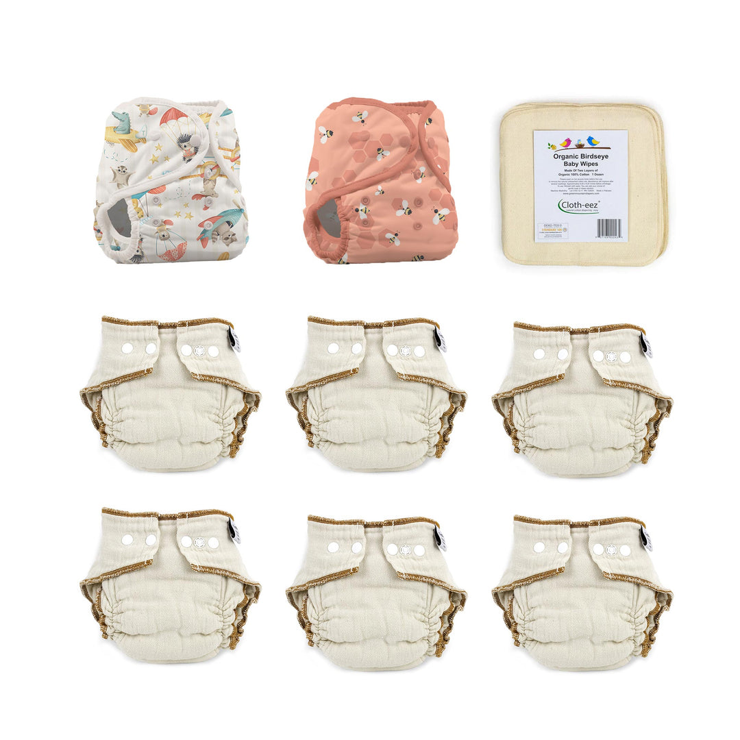 give it a try cloth diaper kit size large Workhorse organic and Thirsties Duo Wraps parachute print and let it bee print