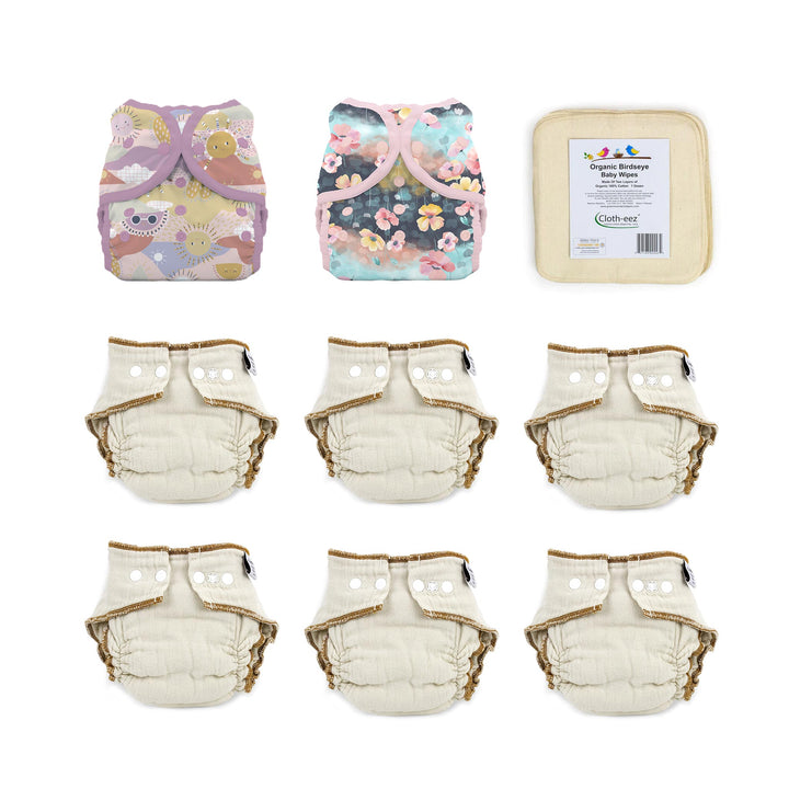 give it a try cloth diaper kit size large Workhorse organic and Thirsties Duo Wraps flower and sun print pinks