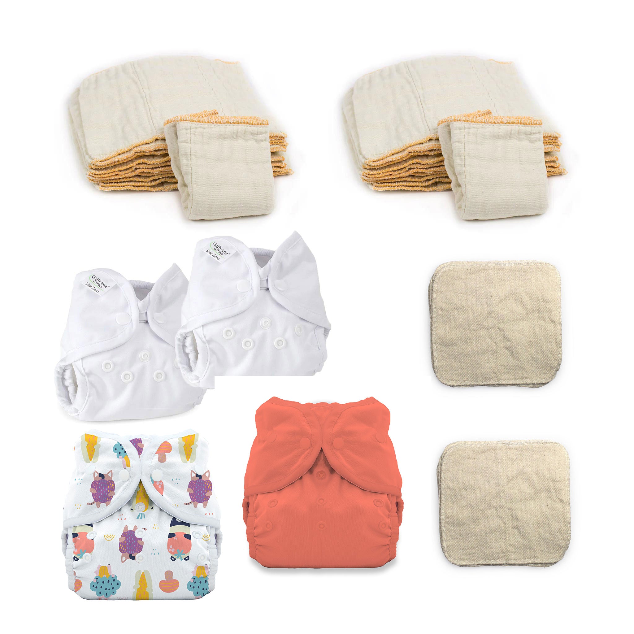 Hello Baby Cloth Diapering Kit for newborns with natural cotton diapers and baby wipes