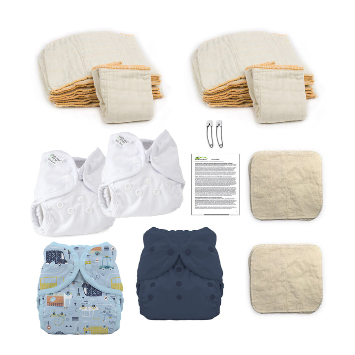 Hello newborn baby organic cloth diaper kit for a boy traffic and navy blue