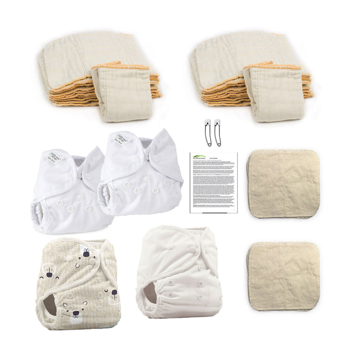 Hello newborn baby organic cloth diaper kit gender neutral birch white and bear print