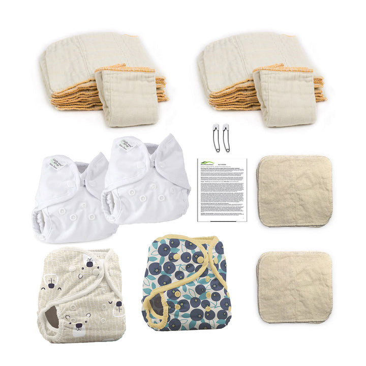 Hello newborn baby organic cloth diaper kit gender neurtral bear and blueberry print