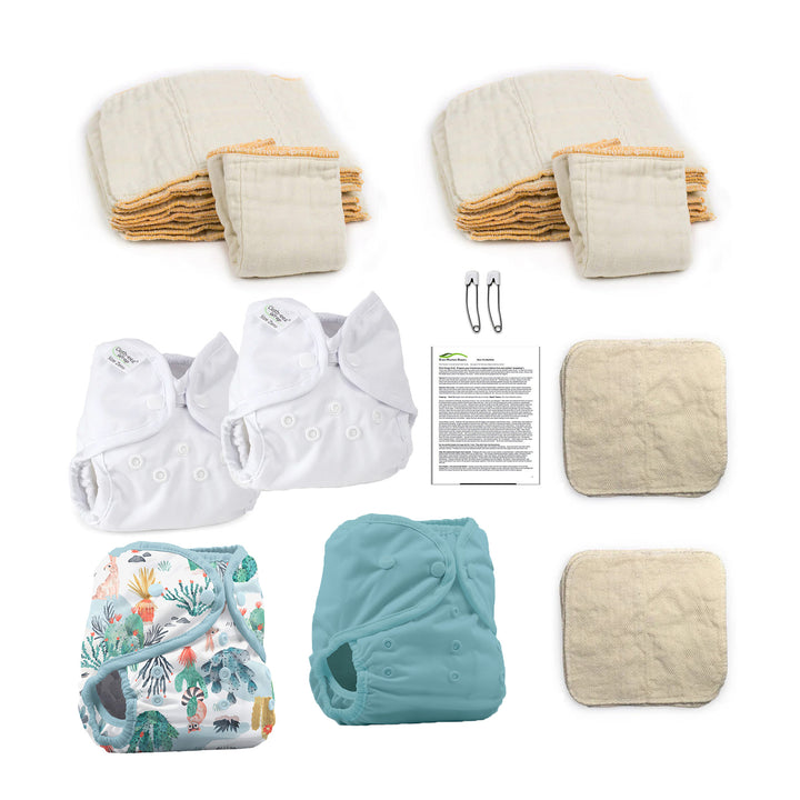 prefold  and wipes cloth diaper kit for a newborn baby with blue desert dunes print and lagoon solid diaper covers