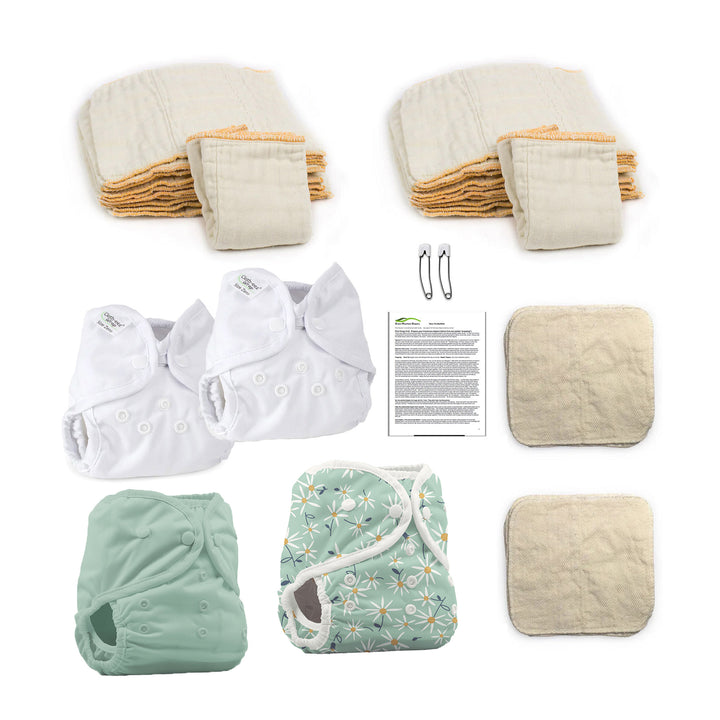 Hello newborn baby organic cloth diaper kit for a girl jade and woodland aster print