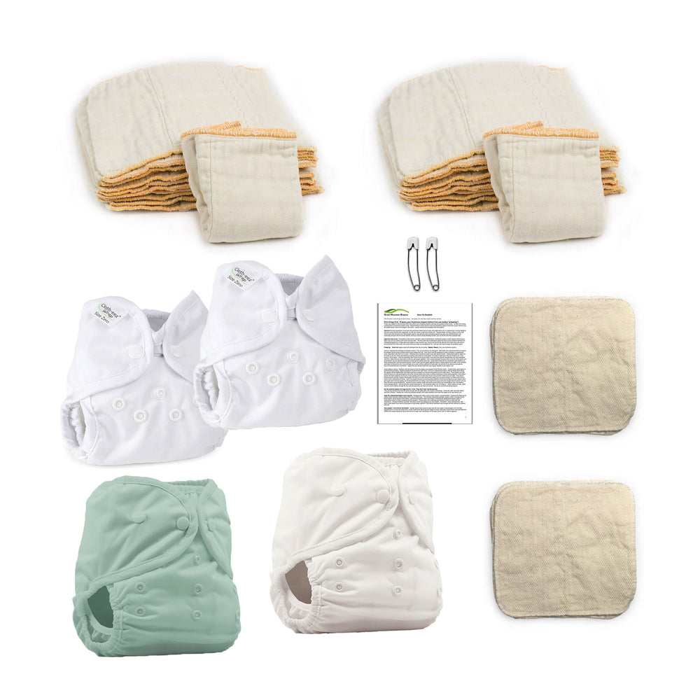 Hello newborn baby organic cloth diaper kit gender neutral jade and birch white