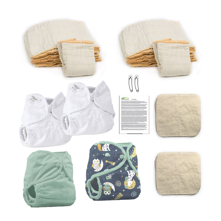 Hello newborn baby organic cloth diaper kit gender neutral jade and hoot owl
