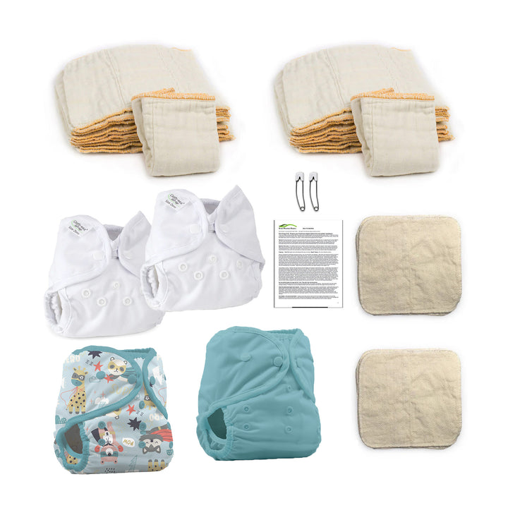 Hello newborn baby organic cloth diaper kit for a boy super hero and lagoon blue