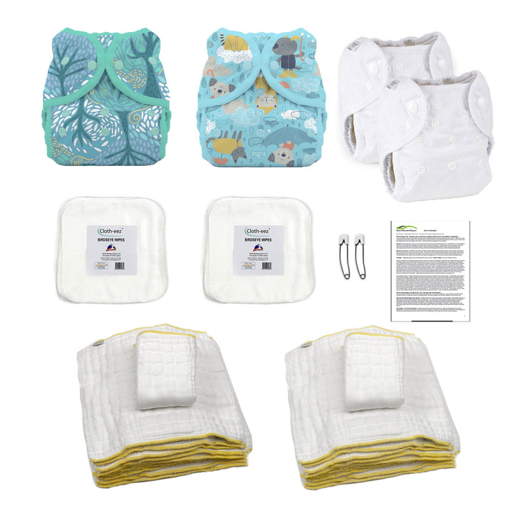 hello small baby kit gender neutral cloth diaper kit drizzly and breezy duo wrap diaper covers prefolds and cotton baby wipes with instructions