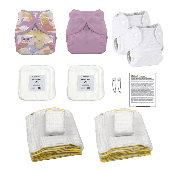 hello small baby kit for a girl cloth diaper kit sunny and crocus duo wrap diaper covers prefolds and cotton baby wipes with instructions