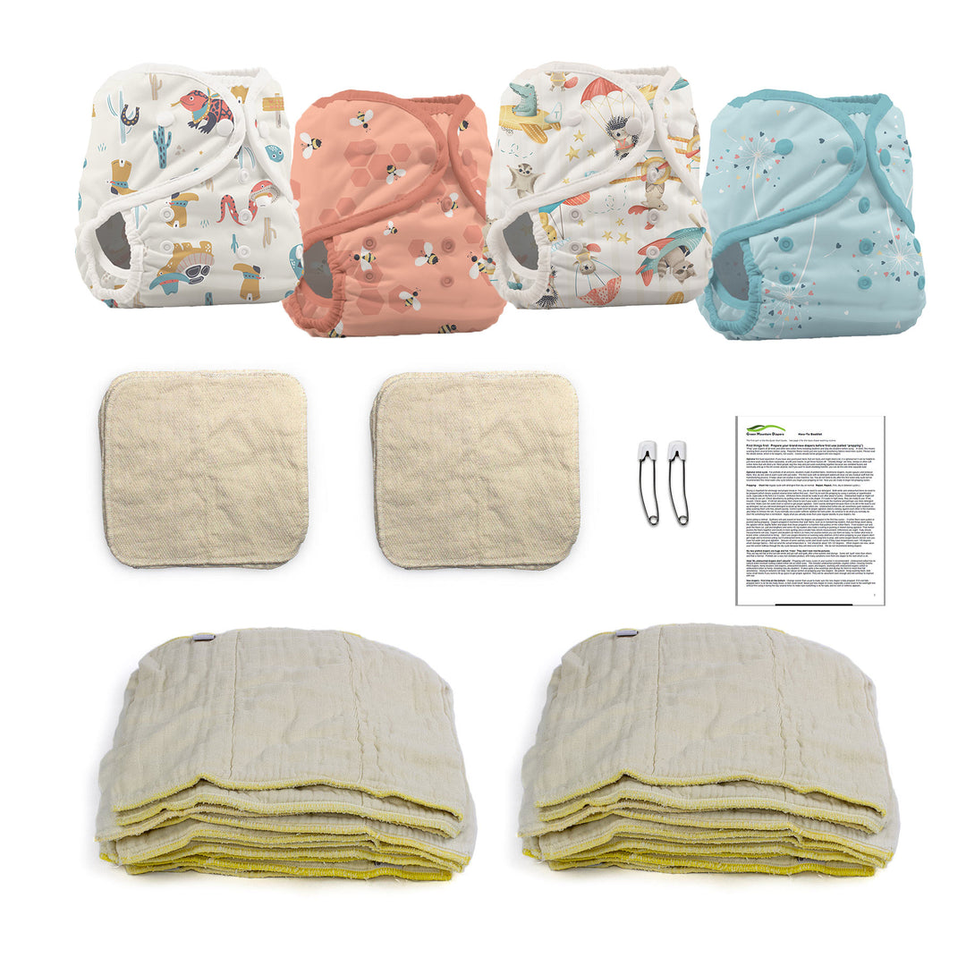 prefold and wipes cloth diaper kit for an infant size small with reptile wranglers let it bee oh chute and Blowing Kisses Thirsties adjustable diaper covers