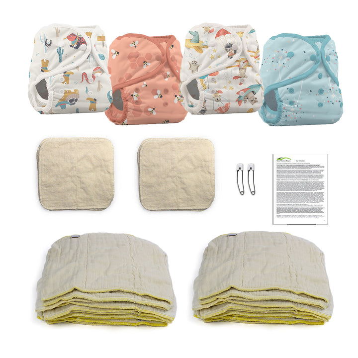 prefold and wipes cloth diaper kit for an infant size small with reptile wranglers let it bee oh chute and Blowing Kisses Thirsties adjustable diaper covers