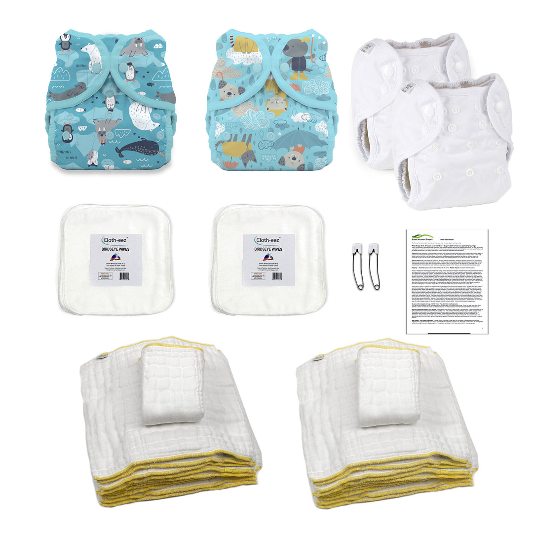 hello small baby kit for a boy cloth diaper kit ice flow and drizzly wrap diaper covers prefolds and cotton baby wipes with instructions