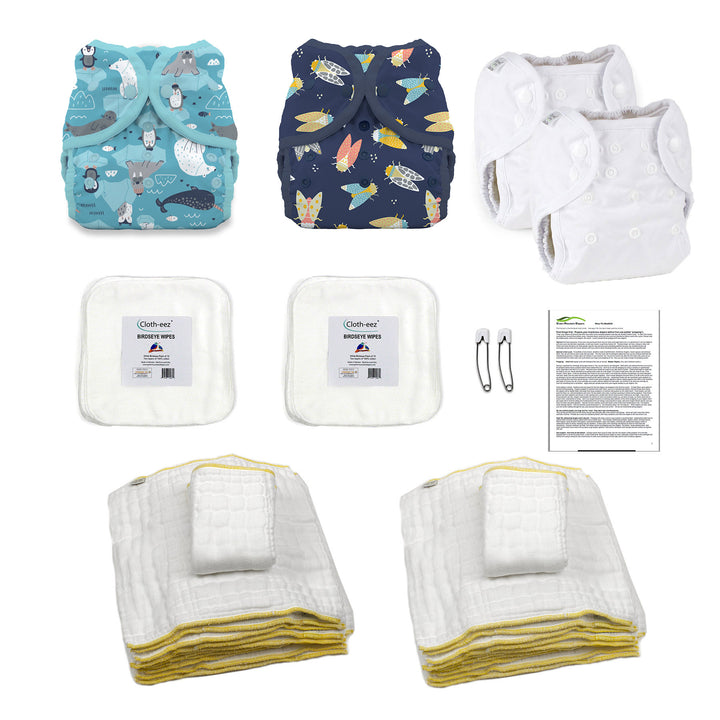 hello small baby kit boy cloth diaper kit ice flow and cicada duo wrap diaper covers prefolds and cotton baby wipes with instructions