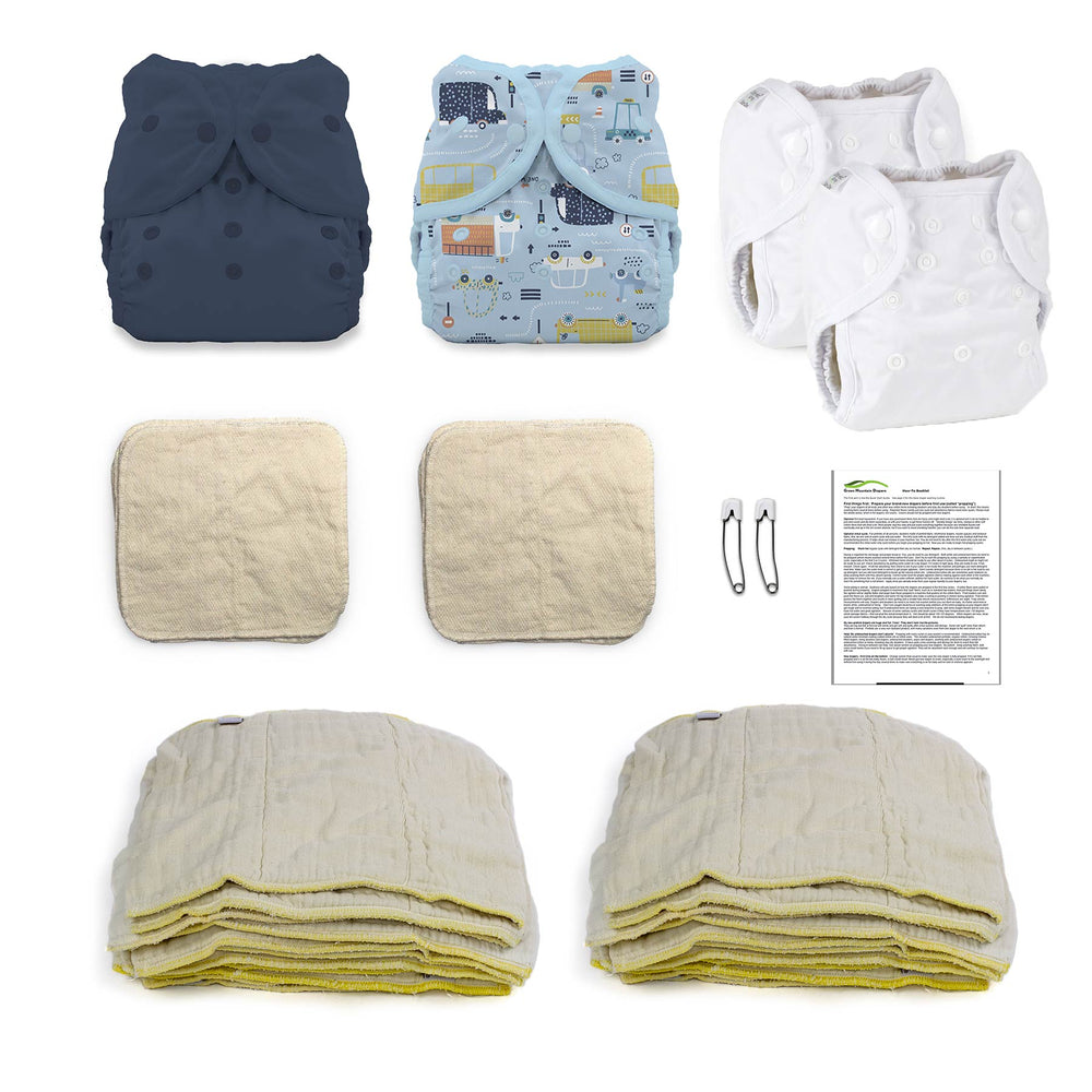 organic cloth diaper kit Kit for an infant baby boy with prefold diapers with navy blue and traffic