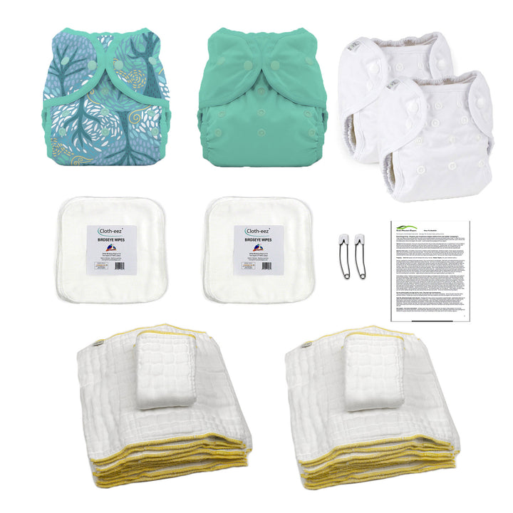 hello small baby kit gender neutral cloth diaper kit opal and breezy duo wrap diaper covers prefolds and cotton baby wipes with instructions
