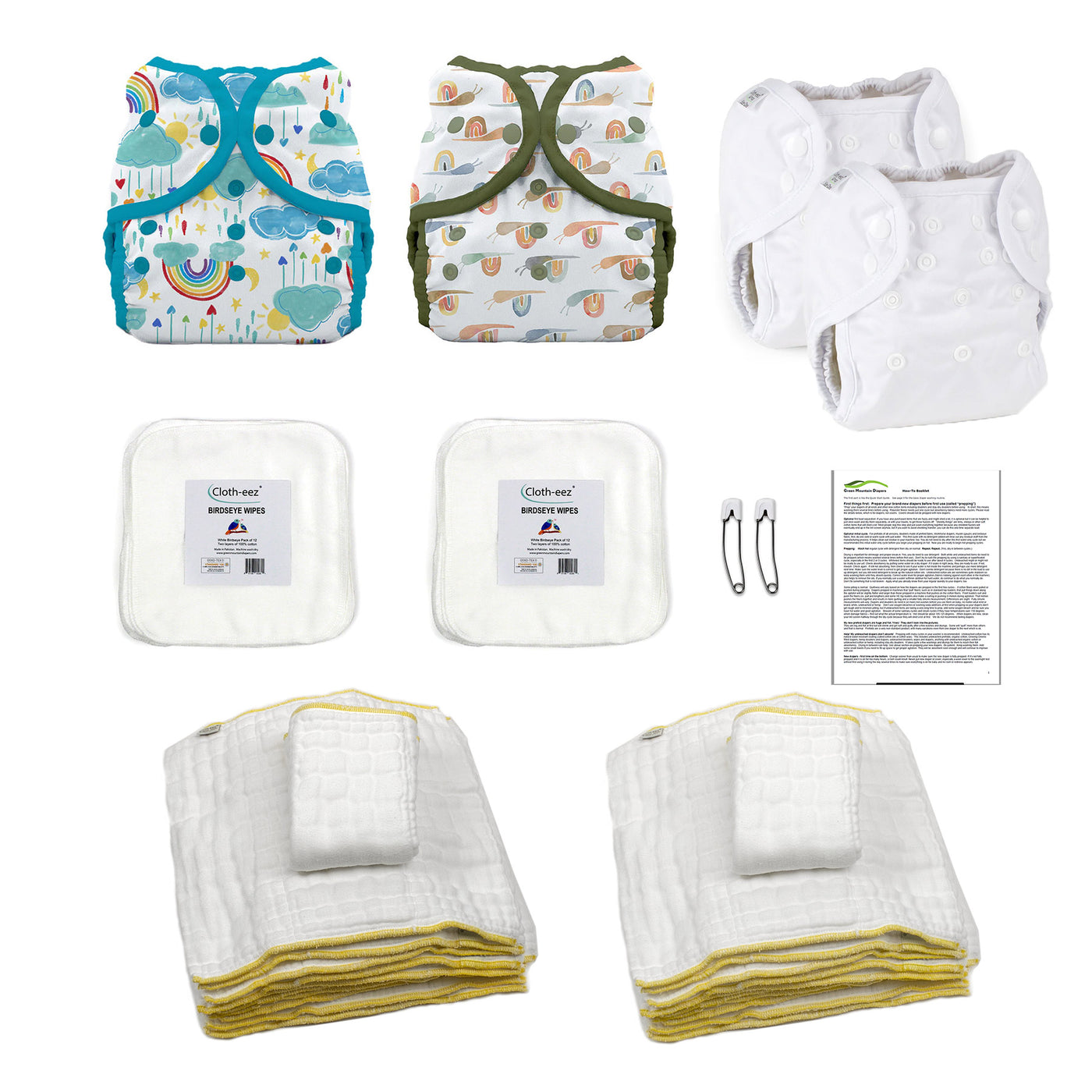 small cloth diaper kit for a big newborn baby with rainbows