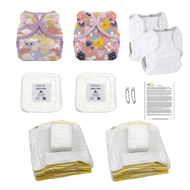 hello small baby kit for a girlcloth diaper sun and flowers duo wrap diaper covers prefolds and cotton baby wipes with instructions