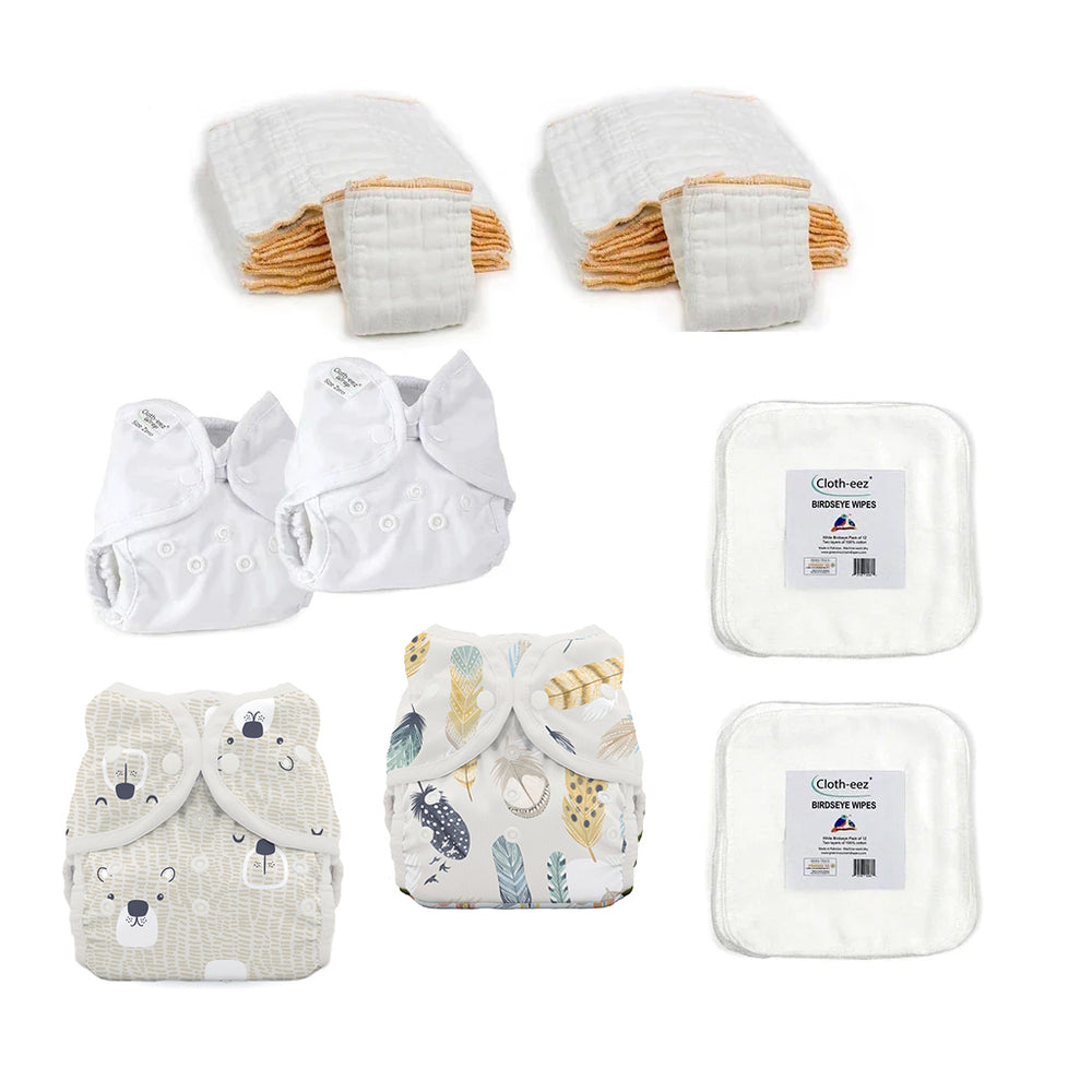 Newborn cloth diaper kit with prefolds and covers gender neutral bear print 