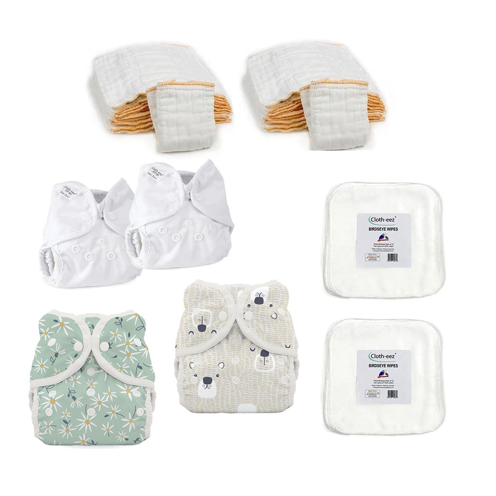 Hello newborn baby cloth diaper kit woodland aster and bear print diaper covers