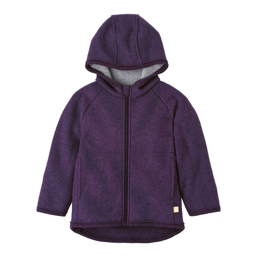 Purple Aubergine Disana organic merino Wool Toddler coat with a zipper on a white background