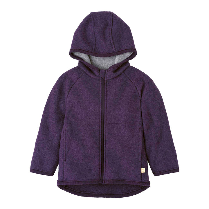 Purple Aubergine Disana organic merino Wool Toddler coat with a zipper on a white background
