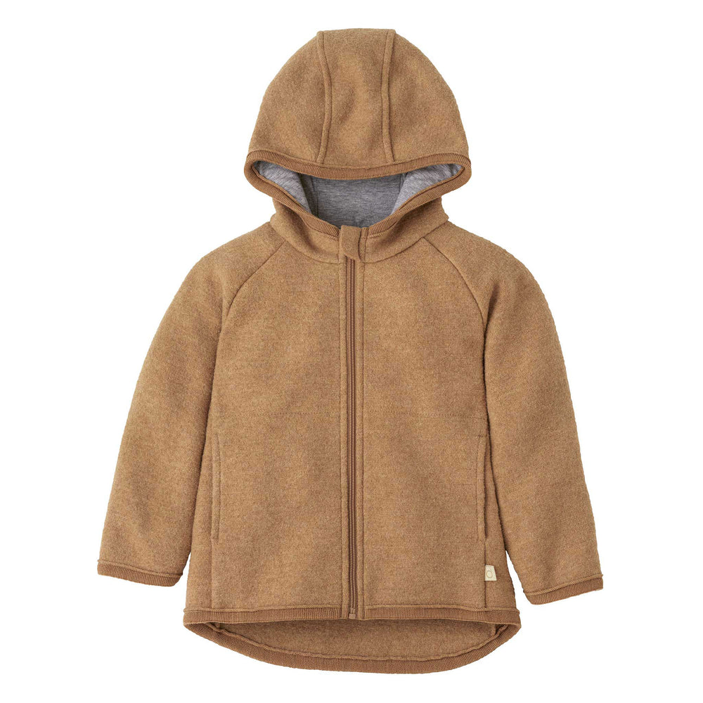 Caramel tan Disana organic merino Wool Toddler coat with a zipper on a white background