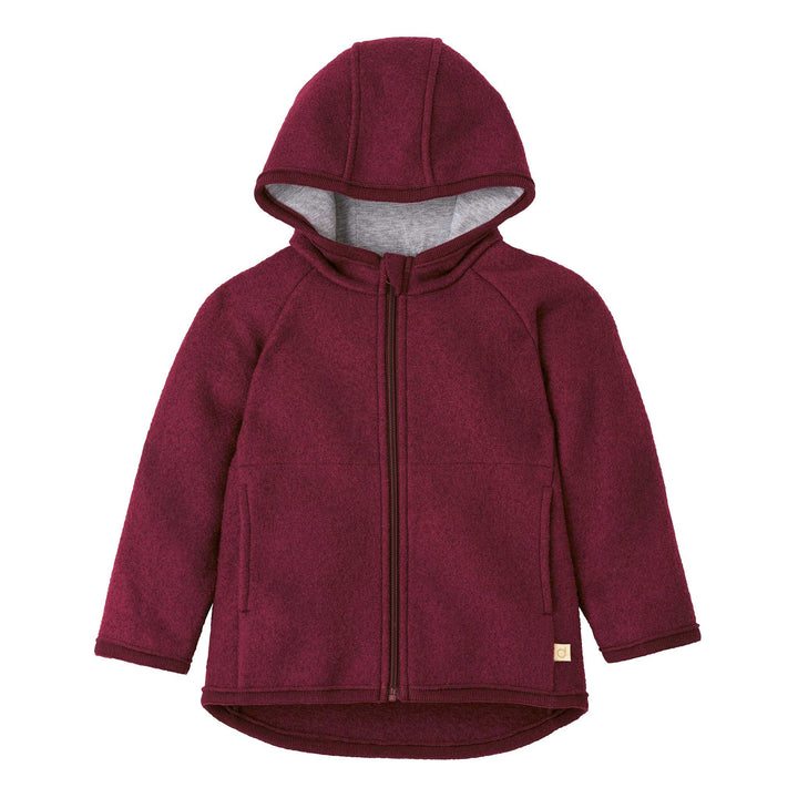 Cassis maroon Disana organic merino Wool Toddler coat with a zipper on a white background