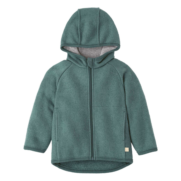 Eucalyptus teal Disana organic merino Wool Toddler coat with a zipper on a white background