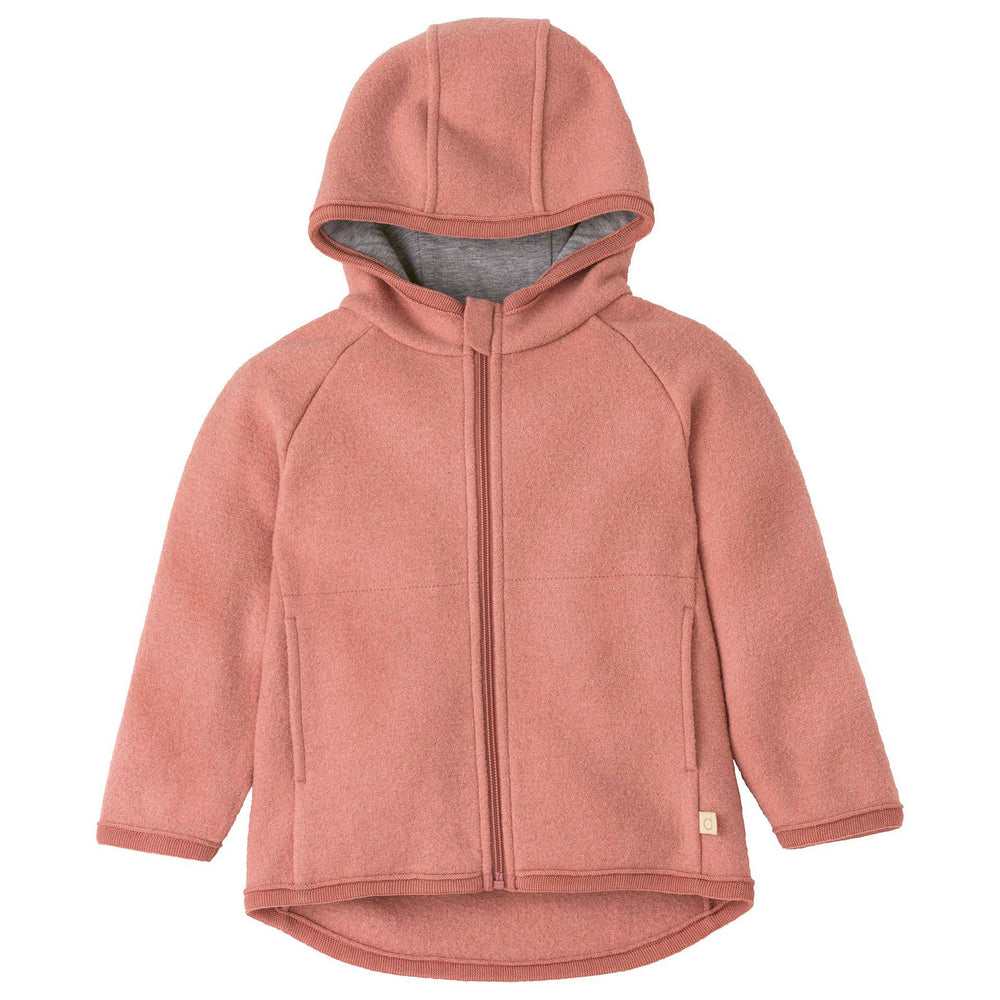 soft pink Disana organic merino Wool Toddler coat with a zipper on a white background
