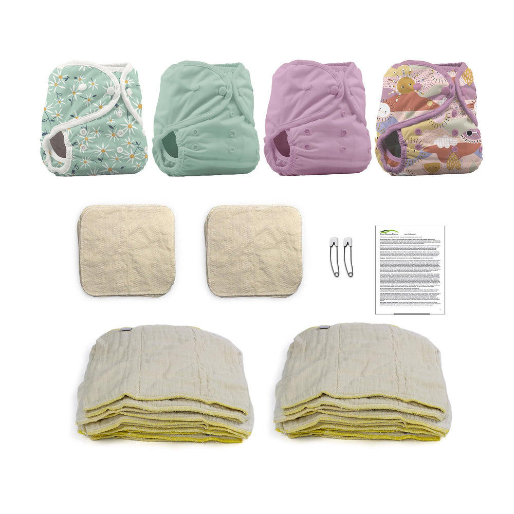 cloth diaper kit for an infant with girl color diaper covers and prefolds and wipes