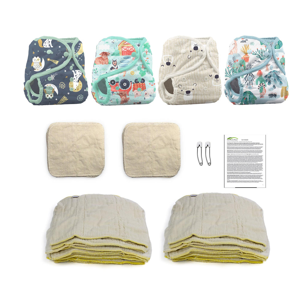 infant cloth diaper kit with diaper covers prefolds and cotton baby wipes animal prints