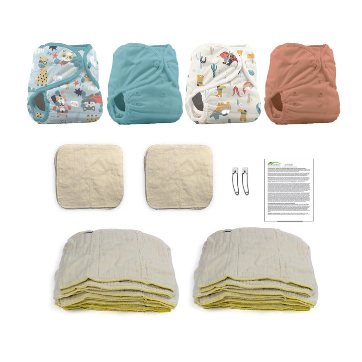 cloth diaper kit for an infant boy with prefolds, wipes and diaper covers