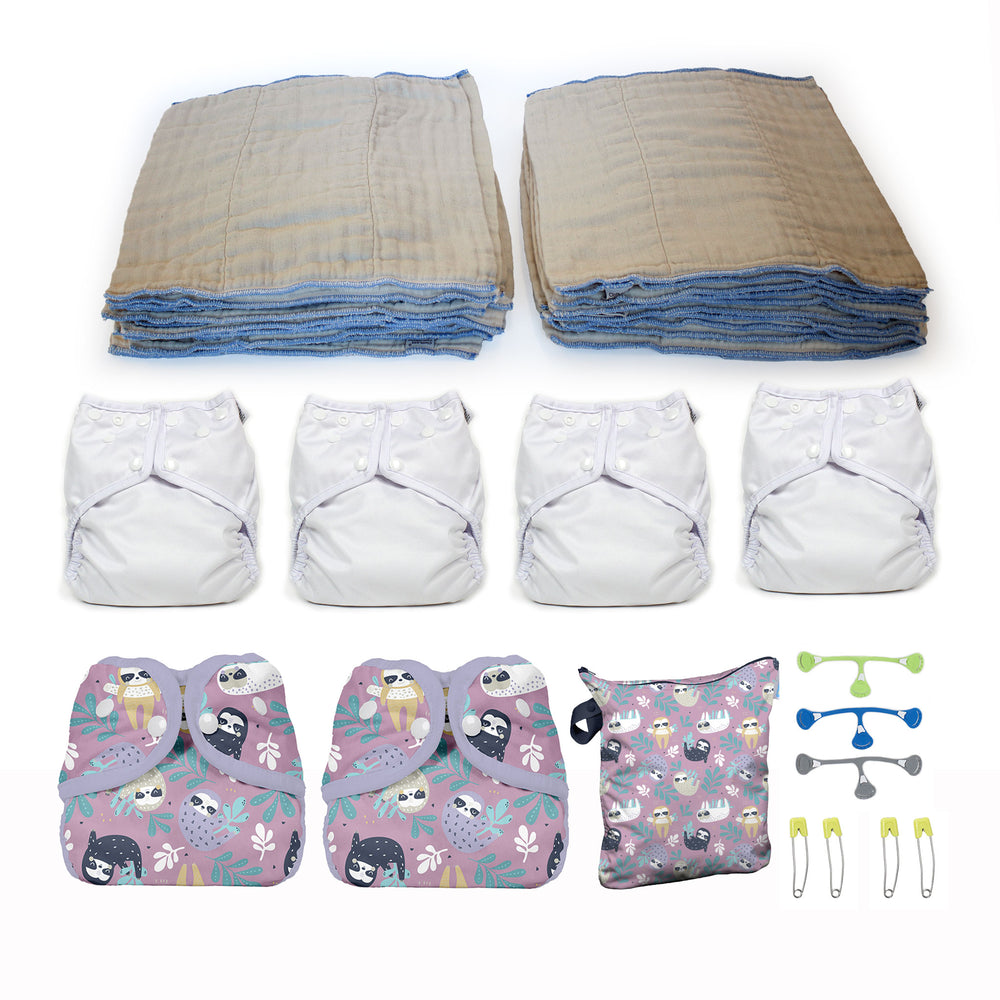 6-18 month old baby cloth diaper kit with covers prefolds and a wet bag sloth life gender neutral