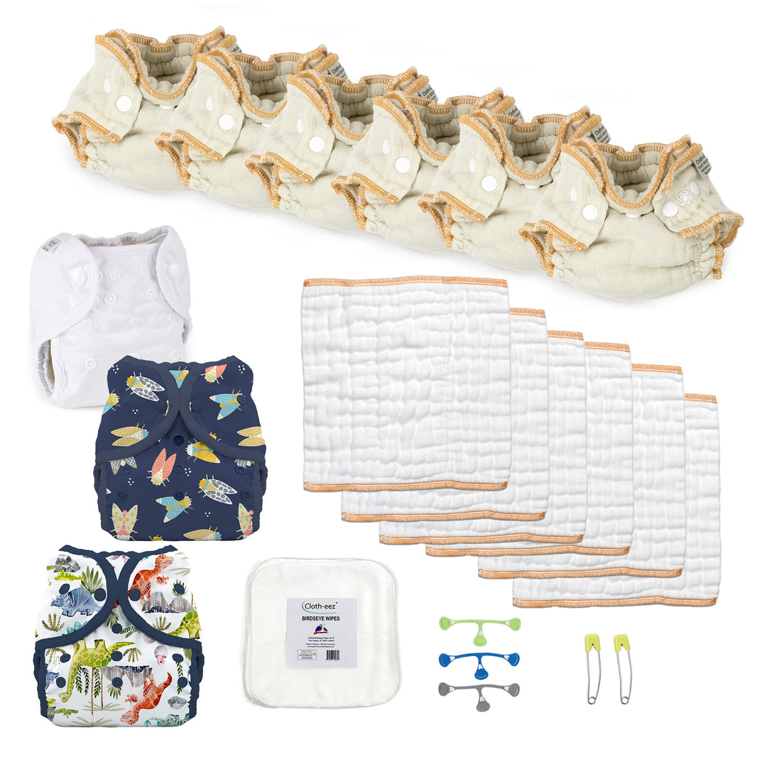 newborn cloth diaper kit for a boy with dino and cicada