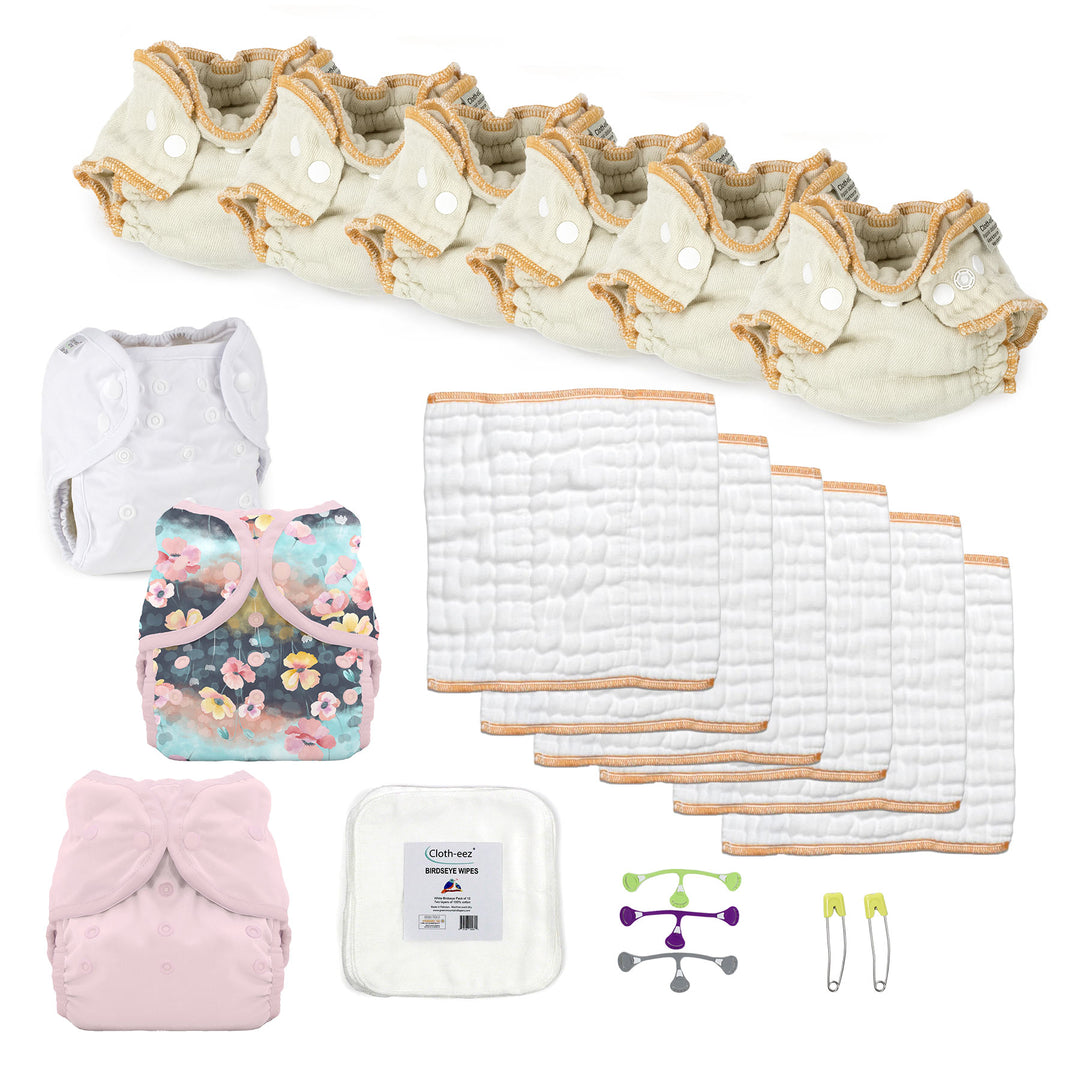 cloth diaper kit for a newborn girl with poppy and pink