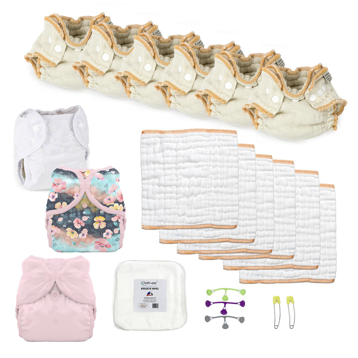 cloth diaper kit for a newborn girl with poppy and pink
