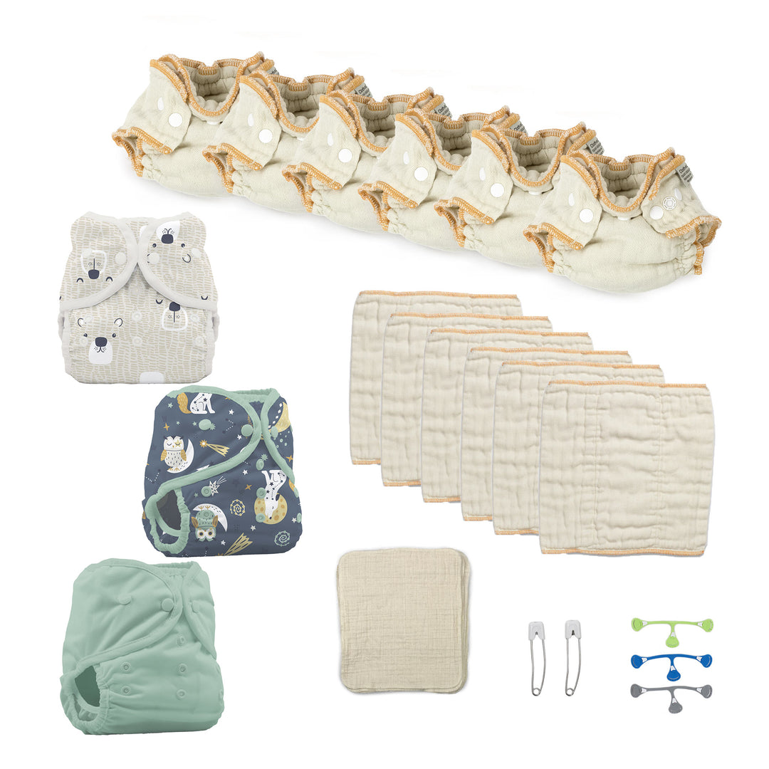 Newborn cloth diaper kit hoot n howl jade and bearly cloth diaper covers with fitted diapers and wipes included