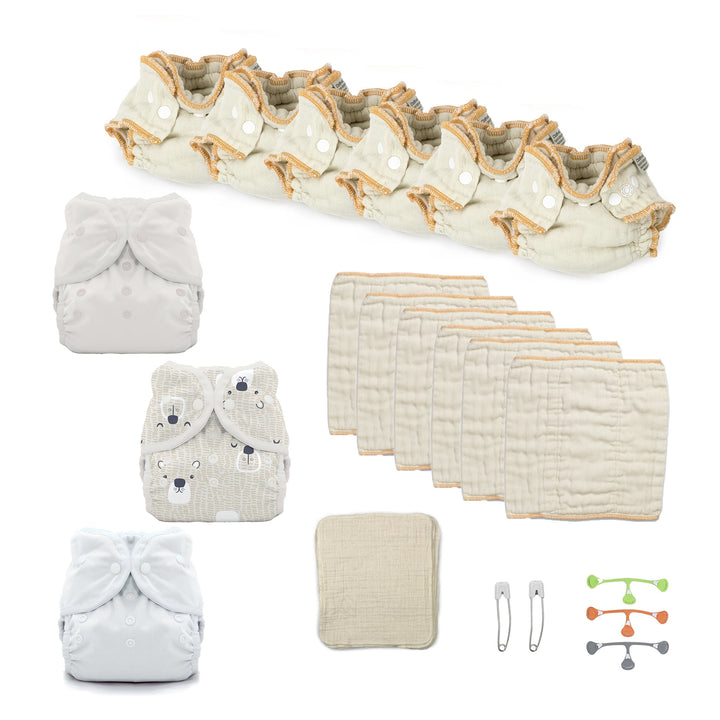 Newborn try both cloth diapers kit with fitteds and prefolds gender neutral white and bears