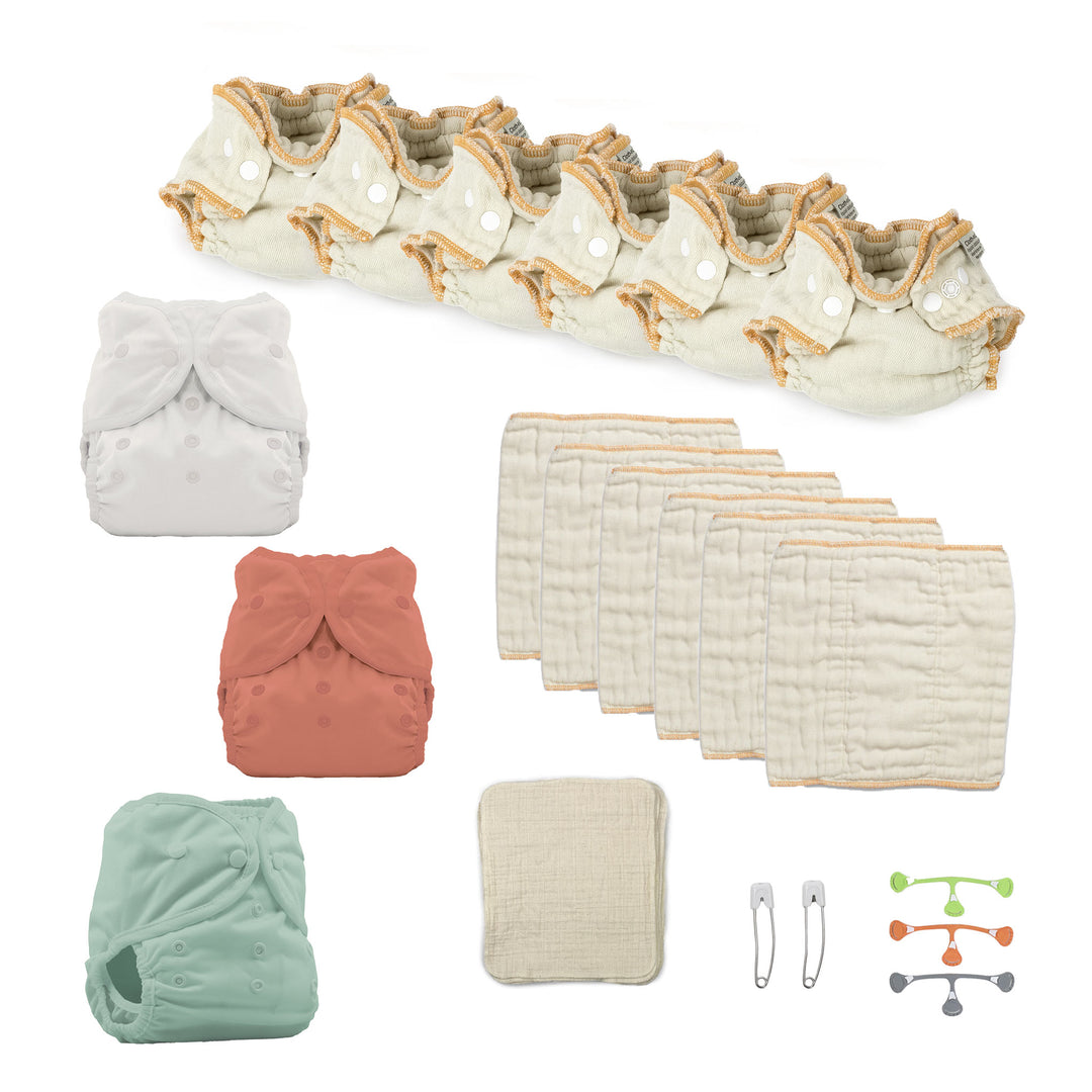 Newborn try both cloth diapers kit with fitteds and prefolds gender neutral solid colors