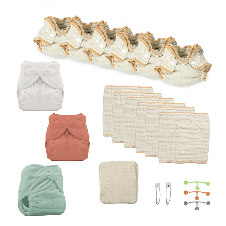 Newborn try both cloth diapers kit with fitteds and prefolds gender neutral solid colors