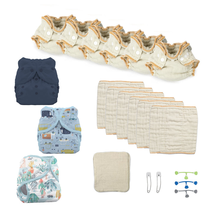 Newborn try both cloth diapers kit with fitteds and prefolds for a boy blue