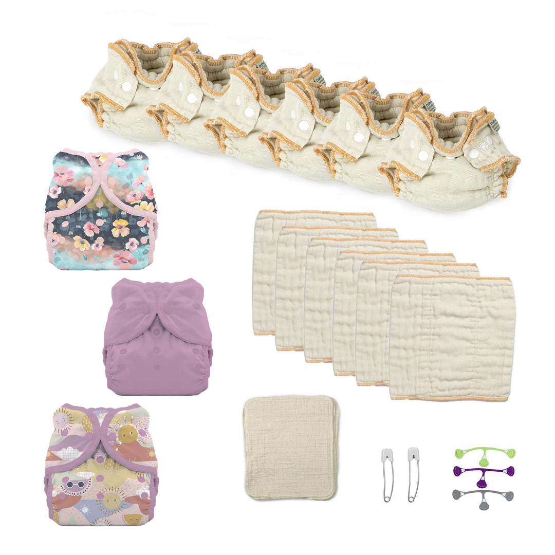 Newborn try both cloth diapers kit with fitteds and prefolds with purple flowers