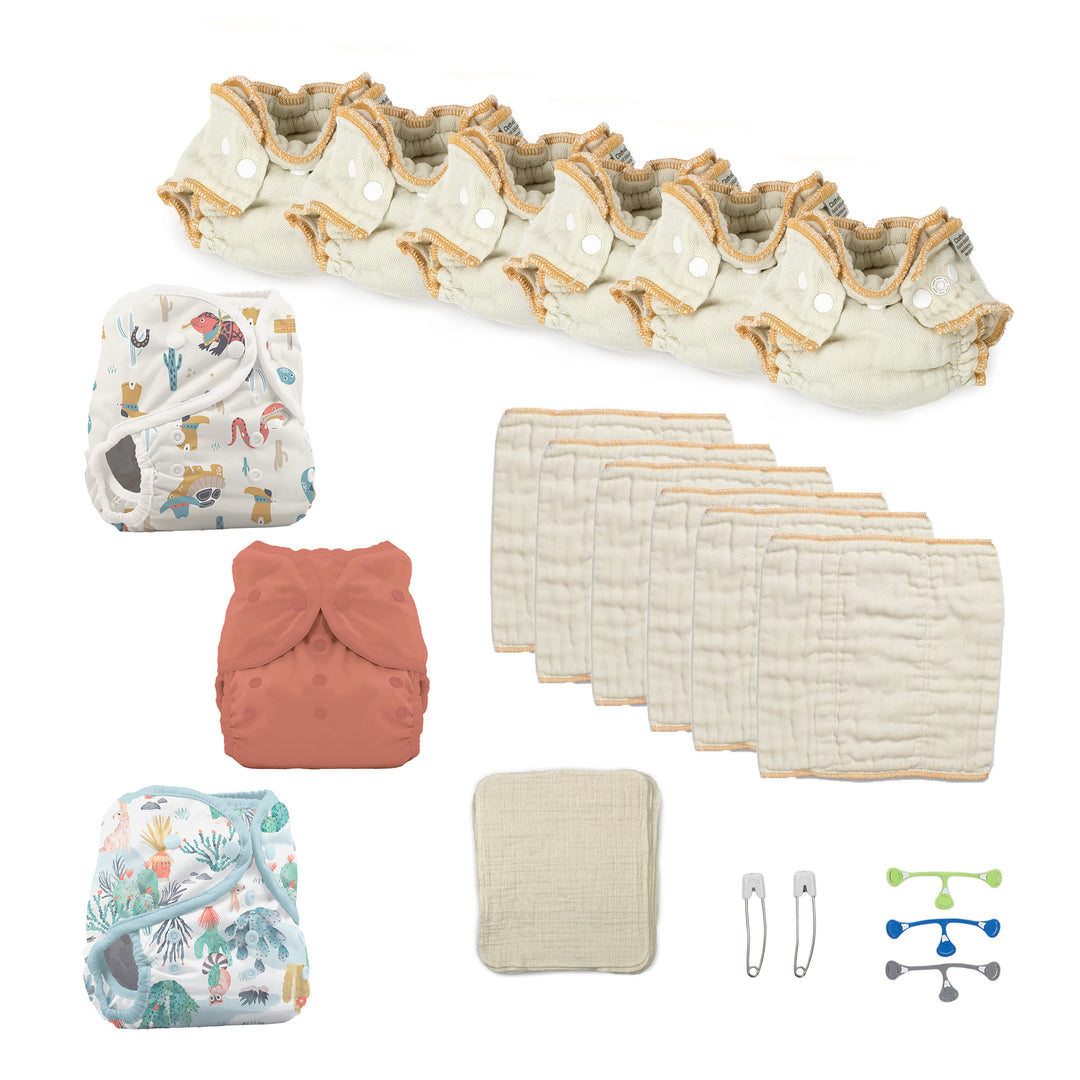 Newborn cloth diaper kit with desert theme cloth diaper covers with fitted diapers and wipes included