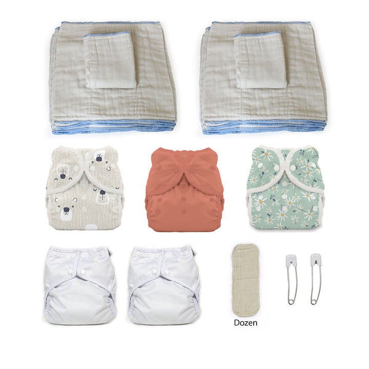 Medium cloth diaper kit with 5 diaper covers aster and bear print and pins
