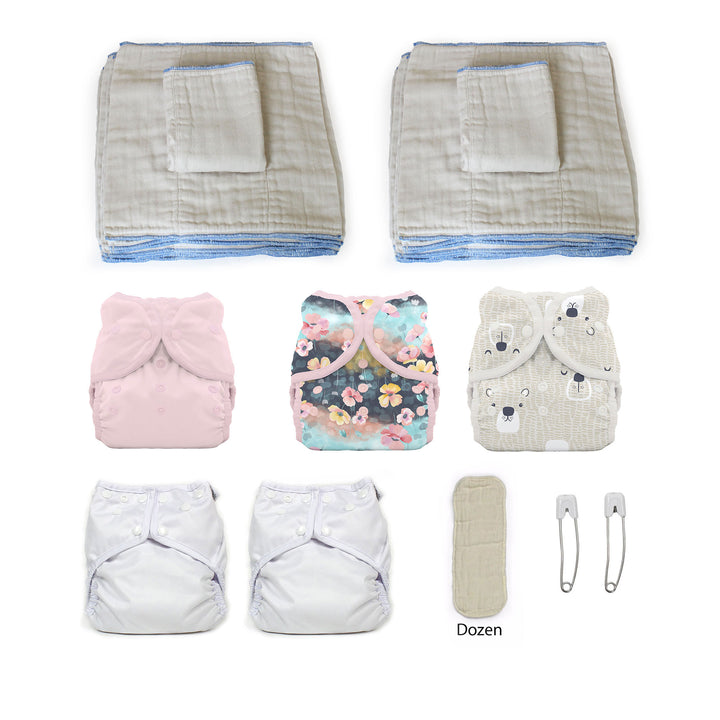 Medium cloth diaper kit with 5 diaper covers pink flowers and bear print