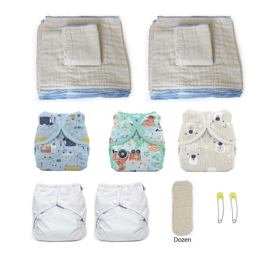 Medium cloth diaper kit with 5 diaper covers for a boy cars and farm print