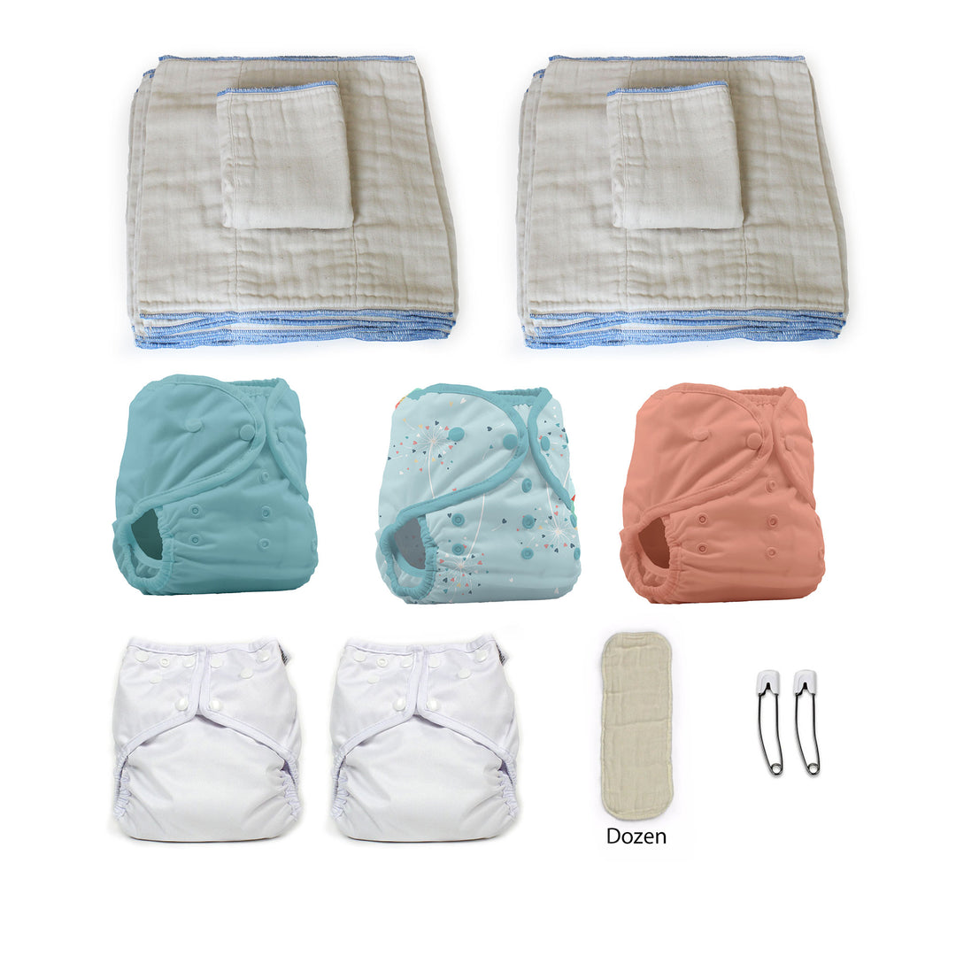 Medium cloth diaper kit with 5 diaper covers gender neutral lagoon blowing kisses and clay