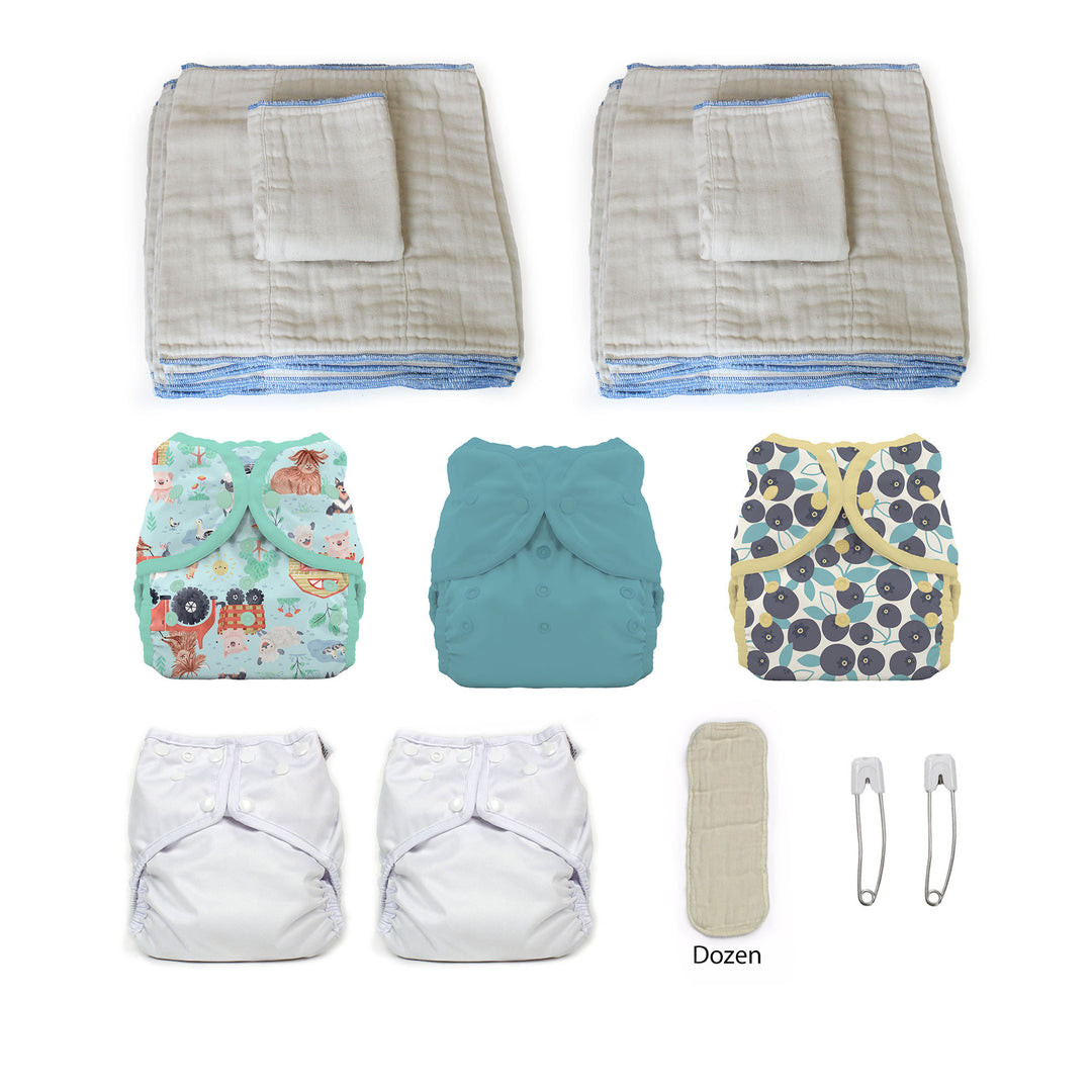 Medium cloth diaper kit with 5 diaper covers gender neutral bleuberries and farm print