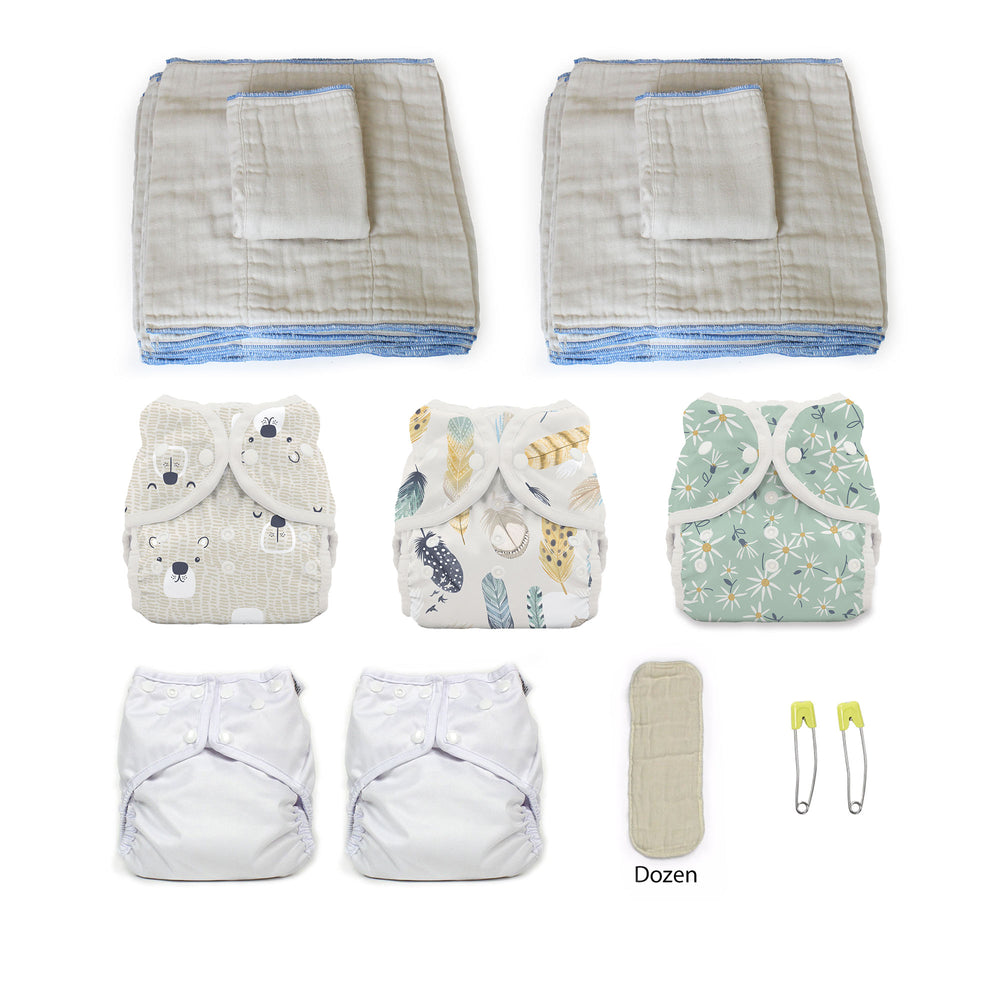 Medium cloth diaper kit with 5 diaper covers for a girl flower print