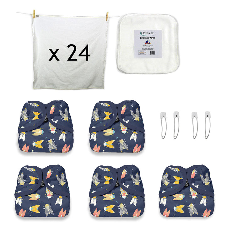 Set of cloth diapers with birdseye flats, wipes and cicada diaper covers